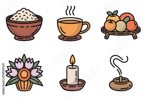 Outline color icons for spiritual ritual, illustrating bowls of rice, fruit, traditional candle, and incense for ceremonial offerings,