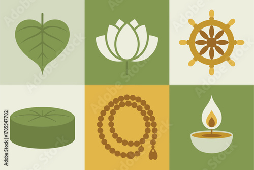 Detailed flat vector icons for Buddhist faith, showing Dharma wheel, lotus, Bodhi leaf, prayer beads, and oil lamp,
