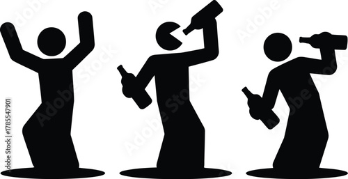 Silhouette Figures of Celebratory Drunken People with Wine Bottles on Isolated White Background
