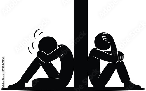 Silhouette Illustration Two Depressed Figures Seated BacktoBack Against a Column, Experiencing Emotional Distress