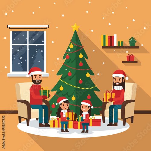 Christmas Celebration A Happy Family Gathered Around the Decorated Christmas Tree with Gifts in a Cozy Room with Snowflakes