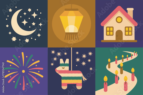Outline color icons for Mexican holiday celebration, illustrating house, pinata, lantern, fireworks, and night sky scene,