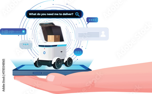 Fast and reliable delivery service powered by AI-driven virtual assistant. Transparent template. This futuristic chatbot for smartphones streamlines orders, tracks your food or products in real time.