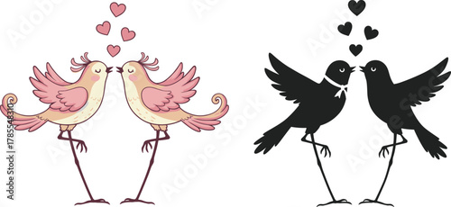 Cute cartoon love birds kissing with hearts, romantic pink and black silhouette illustration, adorable couple art for Valentine design