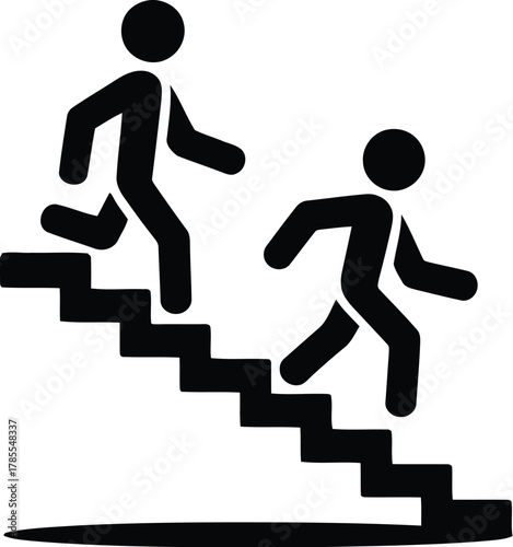 Simple Black Illustration Two People Running Down the Stairs in Silhouette Style