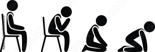 Stages of Grief Stick Figures Depicting Emotional Process from Sitting to Kneeling and Despair