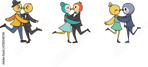 Cute cartoon bird couples dancing in love, adorable animal characters in colorful outfits, romantic vector illustration for Valentine and wedding design