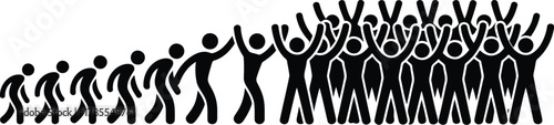 Stick Figure Crowd Evolution From Walking to Cheering Celebration in Black and White Design