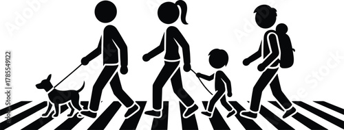 Stick Figure Family and Dog Walking on Zebra Crossing Safety Awareness Illustration