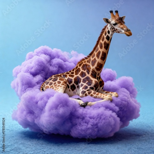 Giraffe Resting Peacefully on a Fluffy Purple Cloud, power Ai
