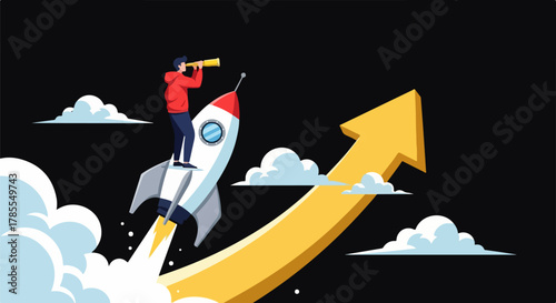 Man on rocket with telescope aiming for growth and success in business strategy