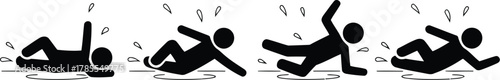 Stick Figure Slipping and Falling Sequence on Wet Surface with Droplets Illustration