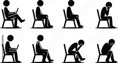 Stick Figure Sitting Postures Working with Laptop, Relaxed, Sad, Depressed, and Anxious States