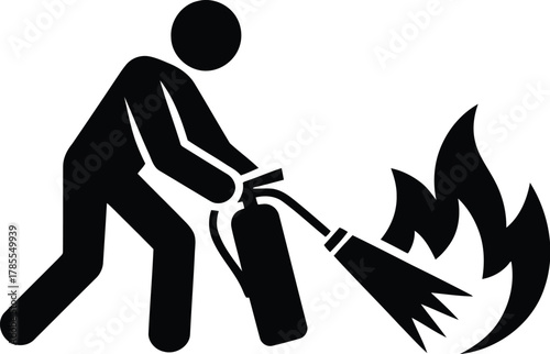 Stick Figure Using Fire Extinguisher to Put Out Flames, Safety Icon Illustration