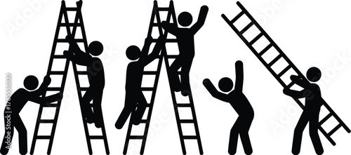 Stick Figures Climbing Ladders, Achievement, Support, and Progress Illustration on White Background