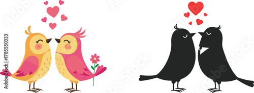 Cute romantic birds in love with hearts and flower, adorable valentine illustration, cartoon couple kiss concept for romantic art