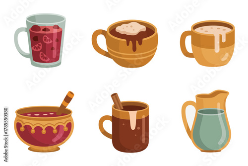 Outline color icons for winter beverages, illustrating various mugs of hot chocolate, punch, pitcher, and dipping chocolate,