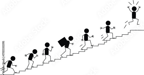 Stick Figures Climbing Stairs, One with Burden, Leader Rejoicing at the Top Achievement