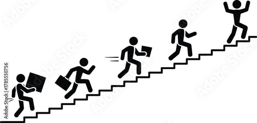 Stick Figures Climbing Stairs, Representing Progress, Success, and Achievement in Business or Personal Development Scenarios