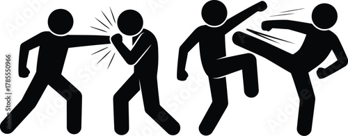 Stick Figures Demonstrating SelfDefense Moves Punching, Kicking, and Martial Arts in Black