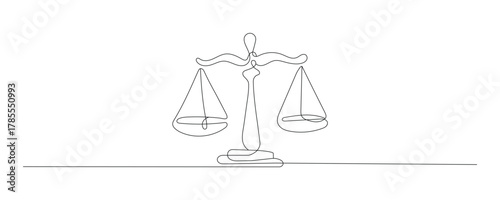 Continuous line drawing of scales of justice. Scales of justice continuous one line drawing vector illustration. Editable stroke