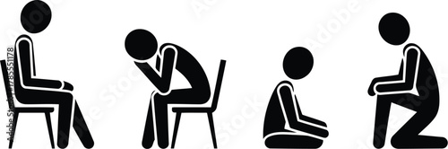 Stick Figures Displaying Mental States Sitting, Head in Hands, Kneeling, and Crouched Position on White
