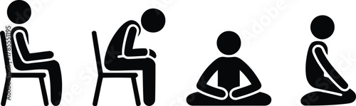 Stick Figures Displaying Various Sitting Positions Chair, Lotus, and Kneeling Postures in Black and White