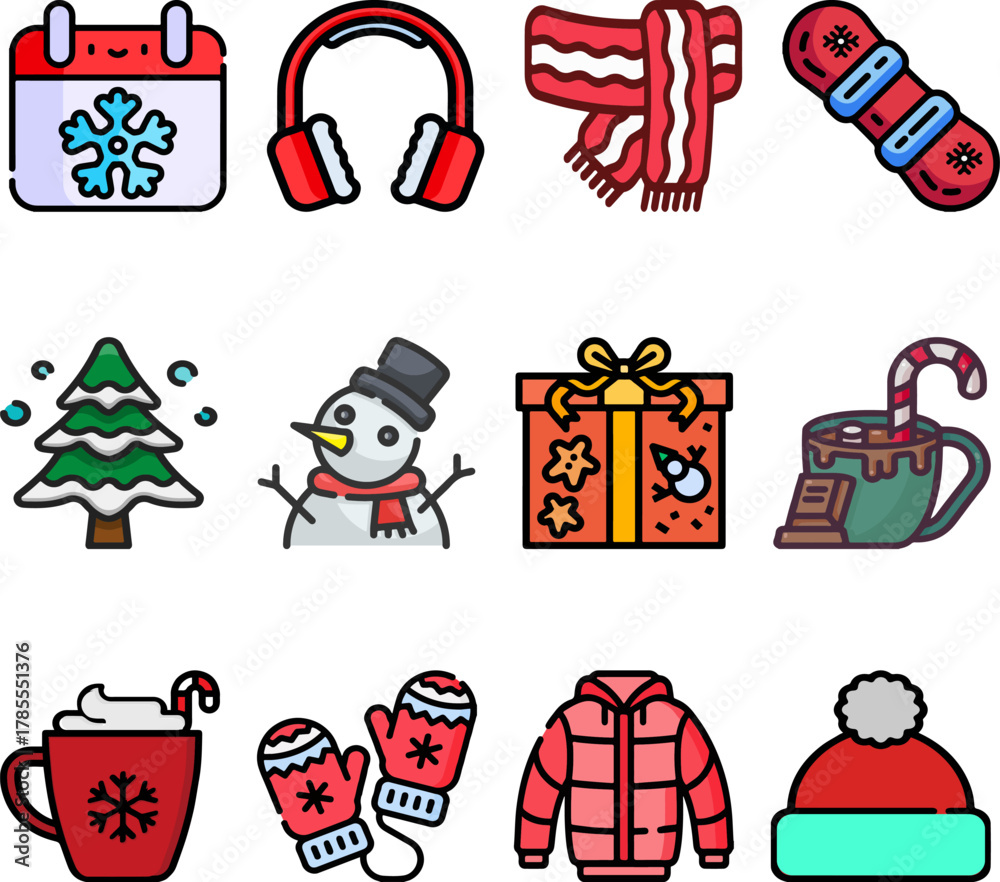 Naklejka premium Cute winter icon set featuring snowflake calendar, earmuffs, scarf, snowboard, snowman, Christmas tree, gift box, hot cocoa, mittens, jacket, and beanie in colorful flat style.