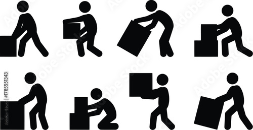 Stick Figures Illustrating Lifting, Carrying, and Stacking Boxes on White Background, Set of Eight