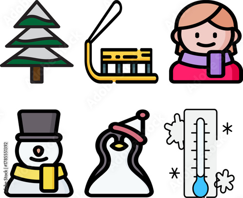 Cute winter vector icons showing snowman, penguin, thermometer, pine tree, ice hockey stick, and person in scarf. Flat colorful illustration for cold weather and holiday themes.