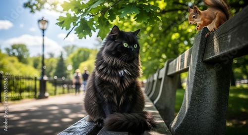 Fototapeta Naklejka Na Ścianę i Meble -  A fluffy black feline sits regally on a park bench, eye to eye with an inquisitive, reddish-brown squirrel, greenery surrounds