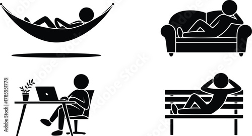 Stick Figures Relaxing, Working, and Resting Hammock, Couch, Desk, and Park Bench Illustrations