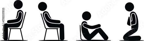 Stick Figures Showing Sitting Postures, From Relaxed on Chair to Kneeling Praying