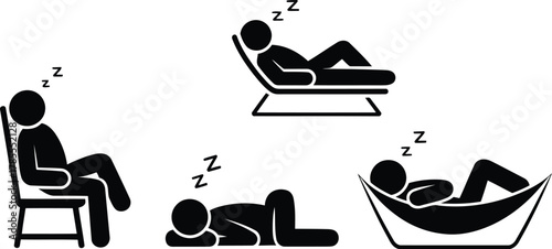 Stick Figures Sleeping in Various Positions Chair, Lounge, Ground, Hammock Illustration