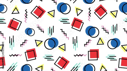 Seamless memphis pattern loop animation.  Seamless memphis pattern with vibrant abstract geometric design on white background. Suitable for digital backgrounds, prints, textiles, packaging.