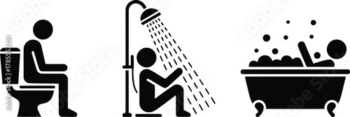 Three Bathroom Pictograms Toilet, Shower, Bathtub with Person, Represented in Simple Black Silhouette Style