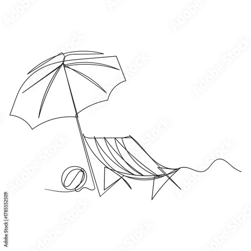Continuous line drawing of Tropical beach umbrella striped beach chairs and beach ball. Concept of holiday summer vacation and Relaxing on the beach. Isolated on a white background