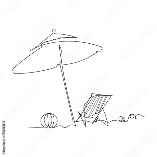 Continuous line drawing of Tropical beach umbrella striped beach chairs and beach ball. Concept of holiday summer vacation and Relaxing on the beach. Isolated on a white background