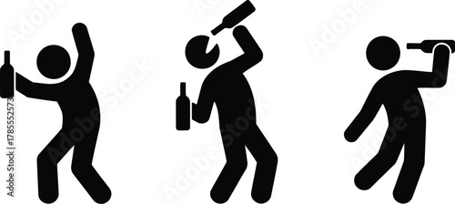 Three Drunk Stick Figures Dancing, Drinking, and Staggering with Bottles of Alcohol