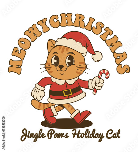 Cute Santa Cat with Candy Cane – Funny Christmas Cartoon Illustration