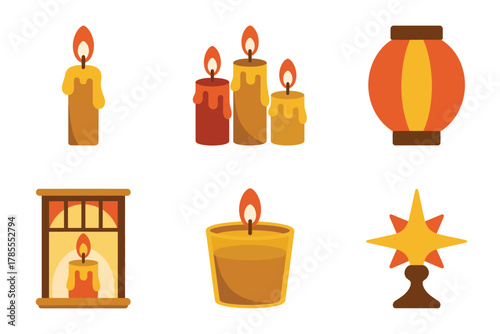 Flat vector icons for candlelight celebration, featuring various candles, star ornaments, and decorative light sources for holidays,