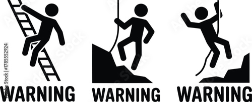 Three Warning Icons Person Climbing Ladder, Rock with Rope, Danger Sign Illustration