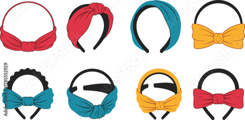 Colorful headband set with bows and knots, modern fashion hair accessories for women and girls, vector illustration isolated on white