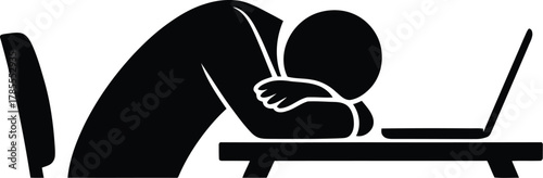 Tired Stick Figure Asleep at Desk Next to Laptop, Black and White Illustration