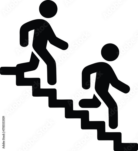Two Stick Figures Descending Stairs Illustration Black Silhouettes on White Background, Stairway Descent