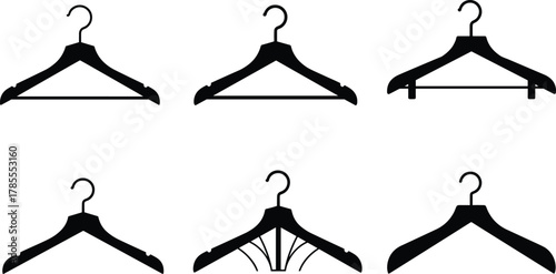 Black clothes hanger vector collection, minimalist fashion hanger set, modern closet accessories, wooden and plastic hanger silhouettes for wardrobe organization