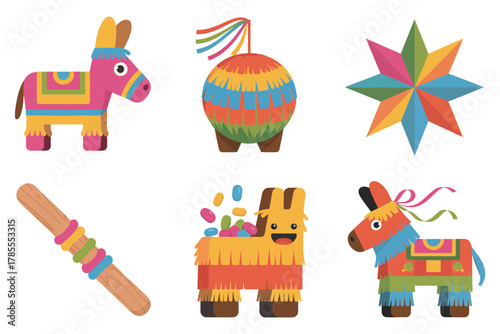 Flat vector icons for Mexican fiesta, featuring pi�ata, wooden stick, stars, and decorative ornaments for party games,