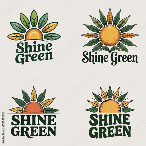 Four sun and leaf logo designs with text Shine Green emblem