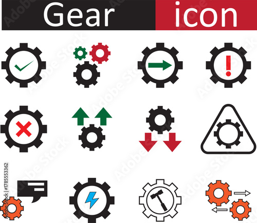 Gear, setting icon set. colorful vector design. optimization, setting, hammer, info, maintenance, repair etc vector art design.