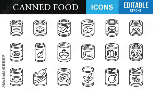 Editable stroke icons of canned vegetables, soups, fruits, and essential store goods